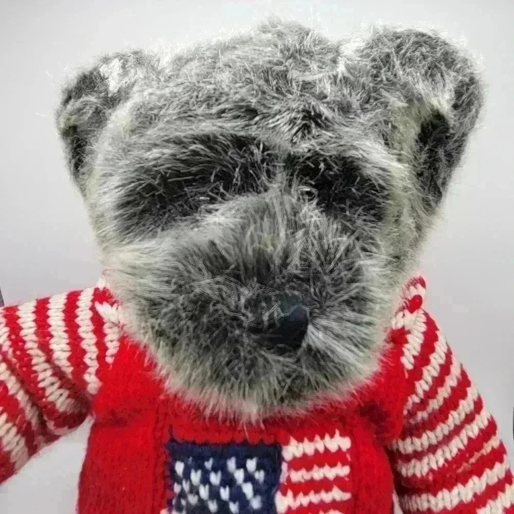 Dillars Grey Teddy Bear Patriotic USA Knitted Sweater Hoodie Soft Faux Fur